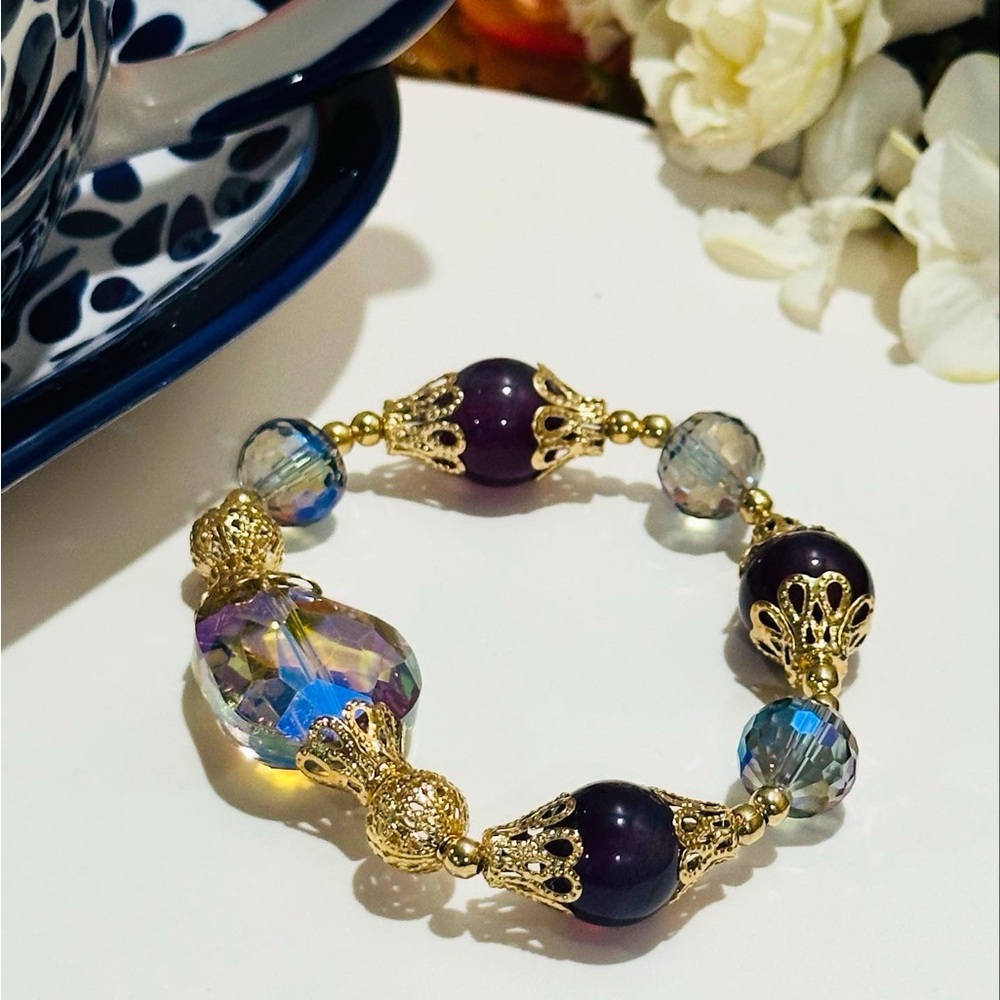 Gold and Purple Vintage-Inspired Bracelet with Filigree Details